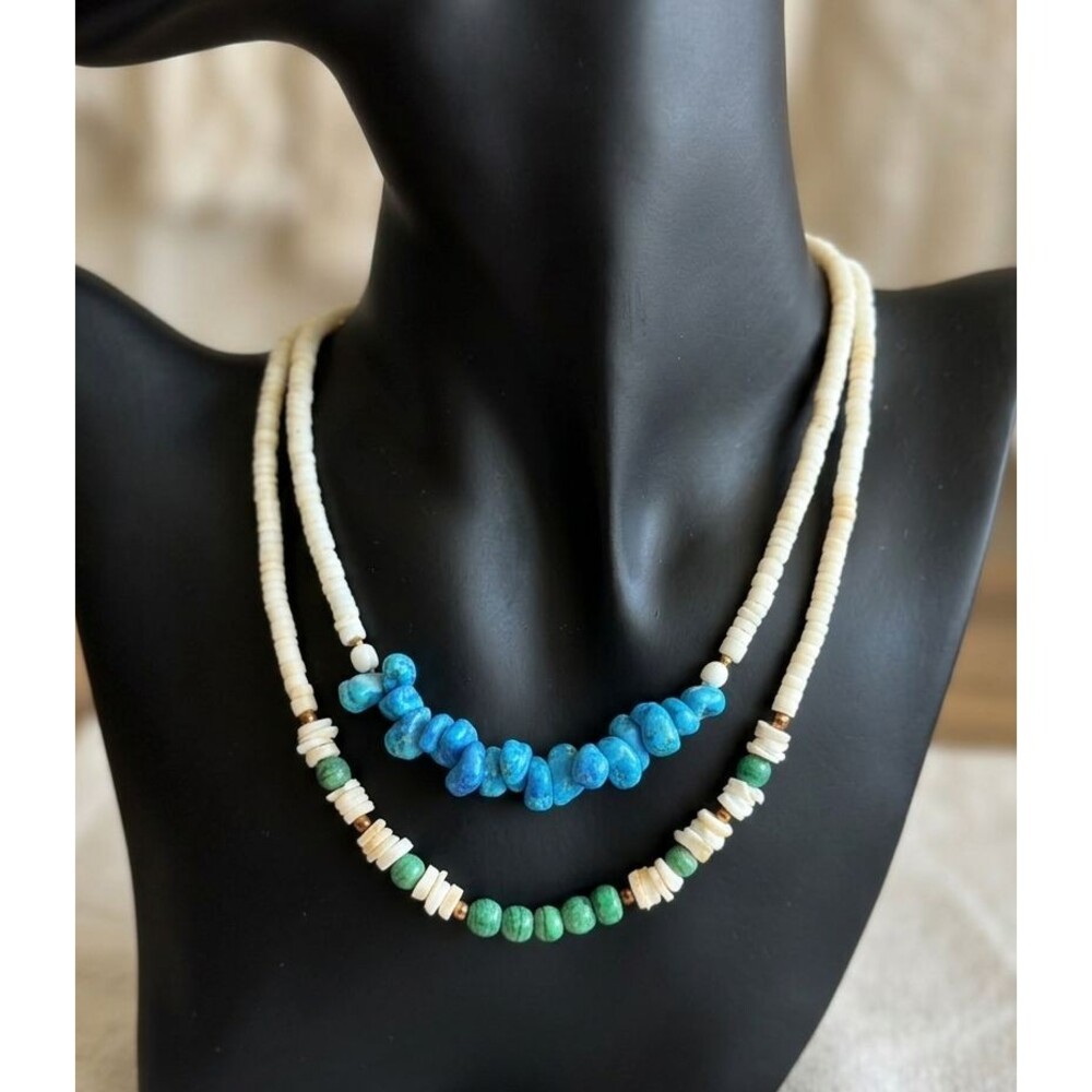 Vintage Boho White Heishe Shell Bead Turquoise & Green Stone Necklace Lot of 2